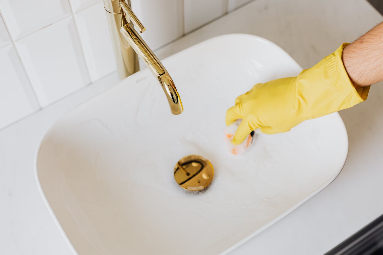 Close-up of a person cleaning a sink with yellow gloves for hygiene.